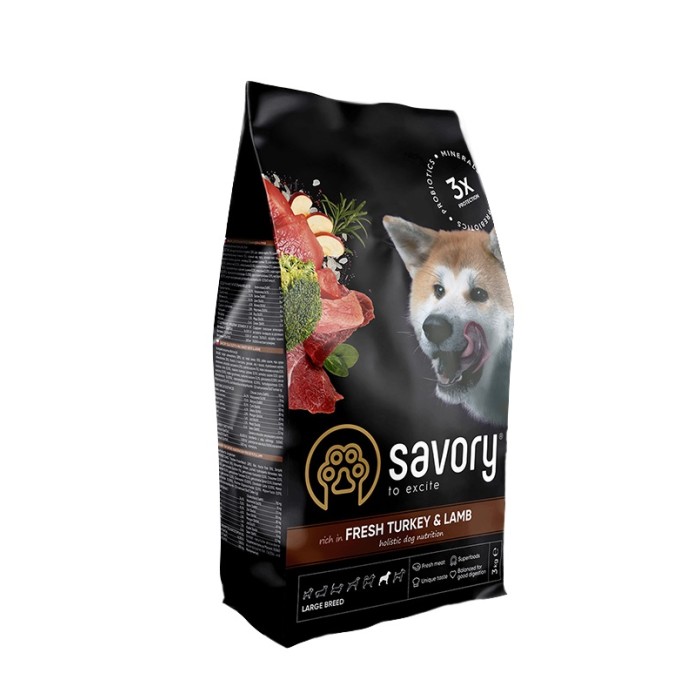 Сухий корм для собак великих порід Savory Large Breeds rich in Fresh Turkey and Lamb зі свіжим м’ясом індички та ягнятиною, 3 кг