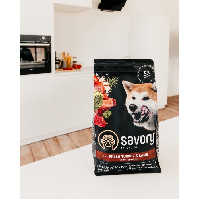 Сухий корм для собак великих порід Savory Large Breeds rich in Fresh Turkey and Lamb зі свіжим м’ясом індички та ягнятиною, 3 кг