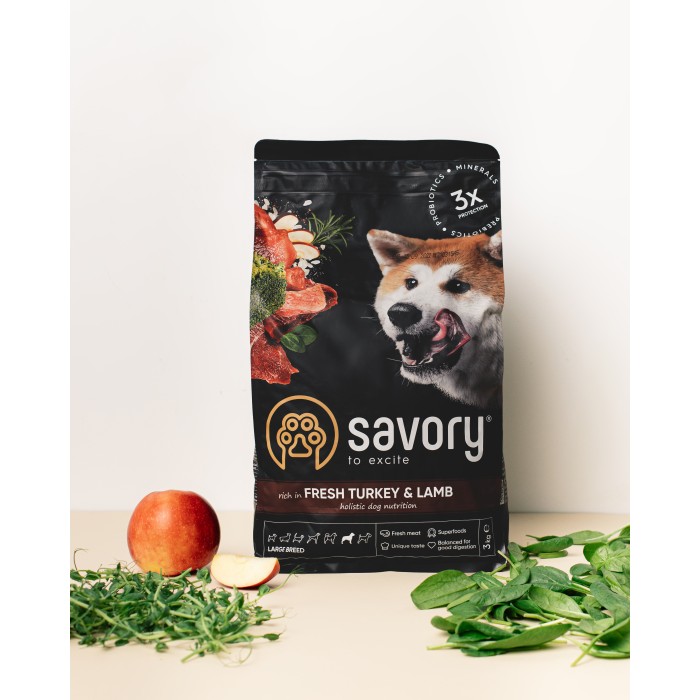 Сухий корм для собак великих порід Savory Large Breeds rich in Fresh Turkey and Lamb зі свіжим м’ясом індички та ягнятиною, 3 кг