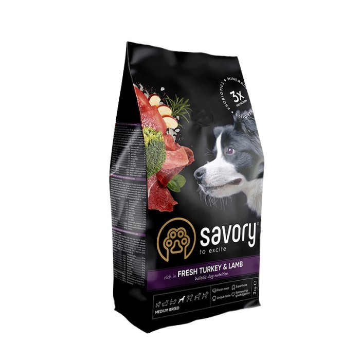 Сухий корм для собак середніх порід Savory Medium Breed rich in Fresh Turkey and Lamb зі свіжим м’ясом індички та ягнятиною, 3 кг
