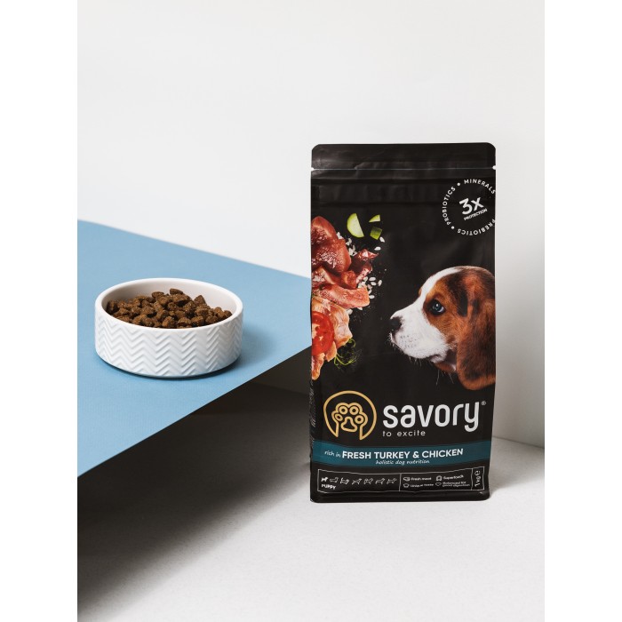 Сухий корм для цуценят Savory Puppy rich in Fresh Turkey and Chicken зі свіжим м’ясом індички та куркою, 1 кг