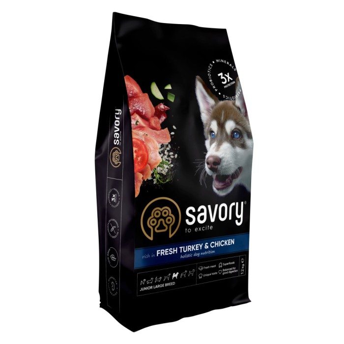 Savory Junior Large rich in Fresh Turkey & Chicken Сухий корм для цуценят великих порід, 12 кг (індичка та курка)