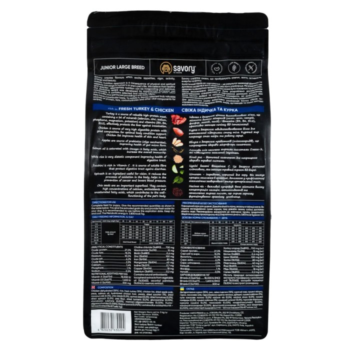 Savory Junior Large rich in Fresh Turkey & Chicken Сухий корм для цуценят великих порід, 3 кг (індичка та курка)
