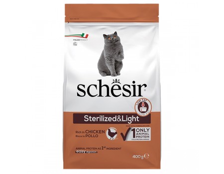 Сухой монопротеиновый корм Schesir Cat Sterilized & Light, для стерилизованных кошек, для кошек подверженных полноте, курица, 400 г