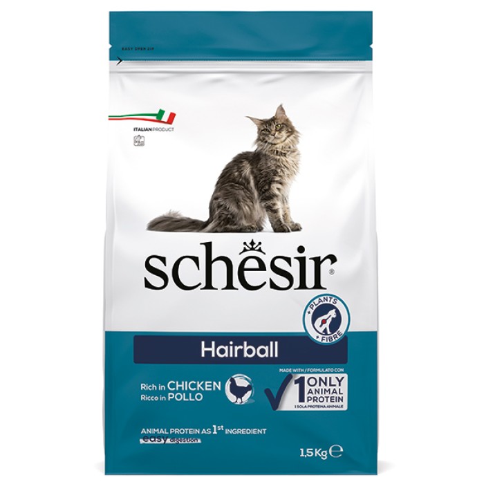 Schesir Cat Hairball ШЕЗИР ДЛЯ ВЫВЕДЕНИЯ ШЕРСТИ сухой монопротеиновый корм для котов с длинной шерстью,  1,5 кг
