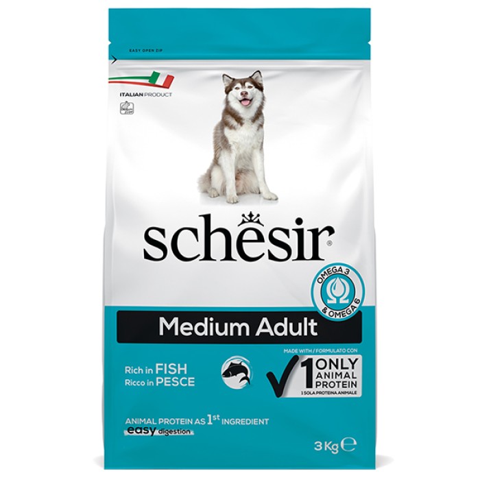 Schesir Dog Medium Adult Fish ШЕЗИР ВЗРОСЛЫЙ СРЕДНИХ РЫБА сухой монопротеиновый корм для собак средних пород  3 кг , 