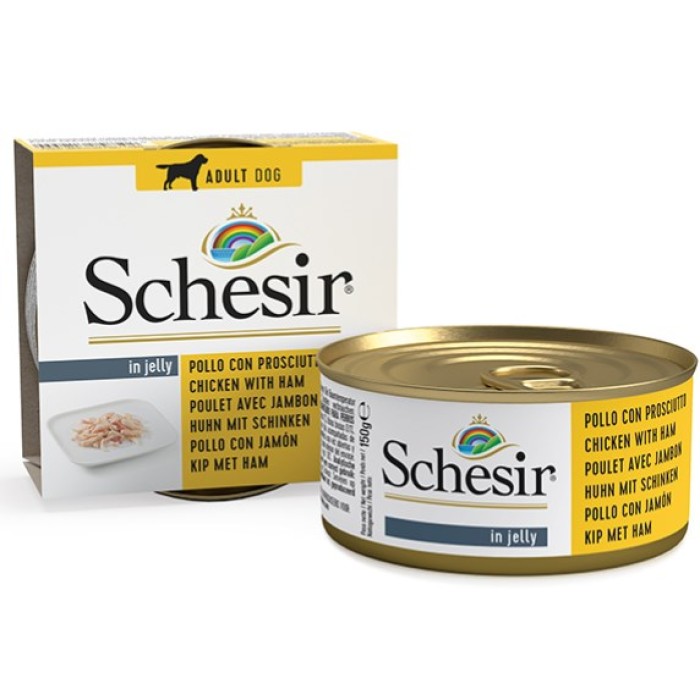 Schesir Chicken Ham ШЕЗИР ФИЛЕ КУРИЦЫ C ВЕТЧИНОЙ натуральные консервы для собак, влажный корм куриное филе с ветчиной в желе, банка 150 г , 0.15 кг.
