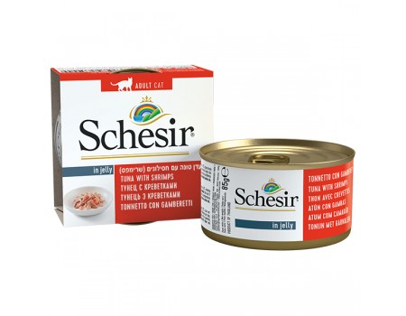 Schesir Tuna Prawns ШЕЗИР ТУНЕЦ С КРЕВЕТКАМИ натуральные консервы для кошек, влажный корм тунец с креветками в желе, банка 85 г , 0.085 кг.