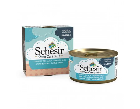 Schesir Kitten Care Tuna with Aloe ШЕЗИР ТУНЕЦ С АЛОЭ в желе натуральные консервы для котят, полнорационный влажный корм, банка, 0.085 кг.