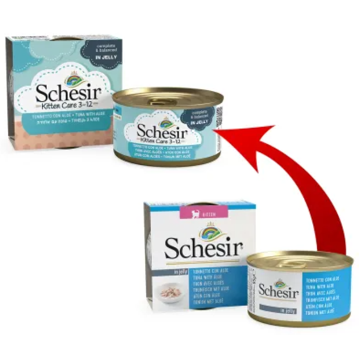Schesir Kitten Care Tuna with Aloe ШЕЗІР ТУНЕЦЬ З АЛОЕ в желе натуральні консерви для кошенят, повнораціонний вологий корм, банка 85г