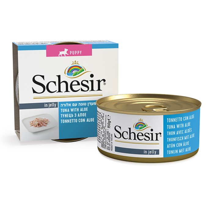 Schesir Tuna Aloe Puppy ШЕЗИР ТУНЕЦ С АЛОЭ натуральные консервы для щенков, влажный корм тунец с алоэ в желе, банка 150 г , 0.15 кг.