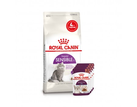 Акция // Сухой корм для взрослых кошек с чувствительным пищеварением ROYAL CANIN SENSIBLE 2кг + 4 пауча в подарок