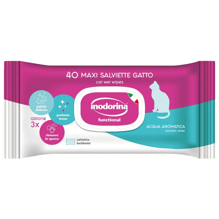 Inodorina Functional Acqua Aromatica - Вологі серветки для дорослих котів з ароматною водою та лавандою, 40 шт