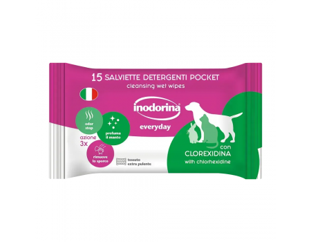 Inodorina Everyday Clorexidina - Вологі серветки для котів та собак з хлоргексидином та морським ароматом, 15 шт