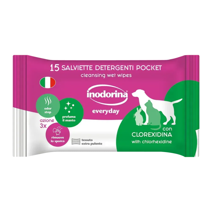 Inodorina Everyday Clorexidina - Вологі серветки для котів та собак з хлоргексидином та морським ароматом, 15 шт