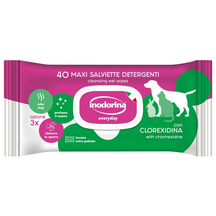 Inodorina Everyday Clorexidina - Вологі серветки для котів та собак з хлоргексидином та морським ароматом, 40 шт