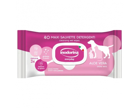 Inodorina Everyday Aloe Vera - Вологі серветки для всіх типів шерсті тварин з ароматом Алое Вера, 40 шт