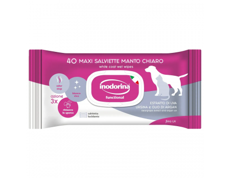 Inodorina Functional Estratto Di Uva Ursina E Olio Di Argan - Вологі серветки для собак та котів з білою шерстю з аргановою олією та ароматом тіаре 40