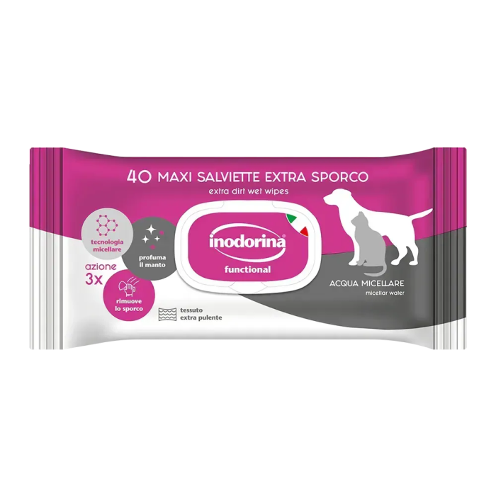 Inodorina Functional Acqua Micellare - Вологі серветки для собак та котів, з міцелярною водою, 40 шт