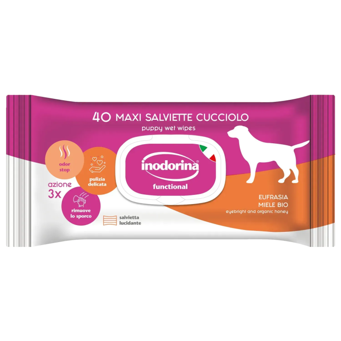 Inodorina Functional Eufrasia Miele Bio - Вологі серветки для цуценят з екстрактом очанки, медом та квітковим ароматом, 40 шт