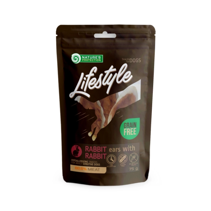 Натуральні ласощі для собак Nature's Protection Lifestyle, сушені кролячі вушка з м'ясом кролика, 75 г