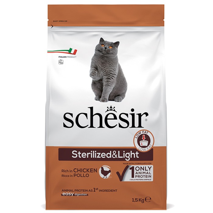 Сухий монопротеїновий корм Schesir Cat Sterilized & Light, для стерилізованих кішок, для кішок схильних до повноти, курка, 1.5 кг