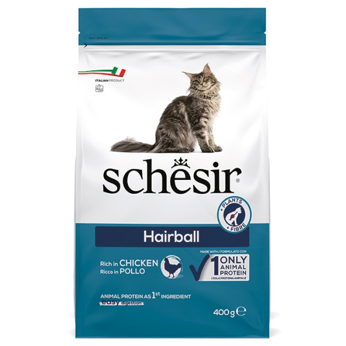 Schesir Cat Hairball ШЕЗИР ДЛЯ ВЫВЕДЕНИЯ ШЕРСТИ сухой монопротеиновый корм для котов с длинной шерстью,  0,4 кг 