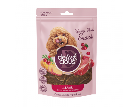 Сушені снеки DELICKCIOUS – з ягням, бататом і журавлиною для собак, 0,08 кг