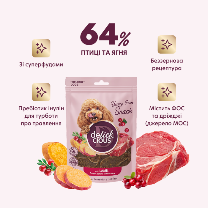 Сушені снеки DELICKCIOUS – з ягням, бататом і журавлиною для собак, 0,08 кг