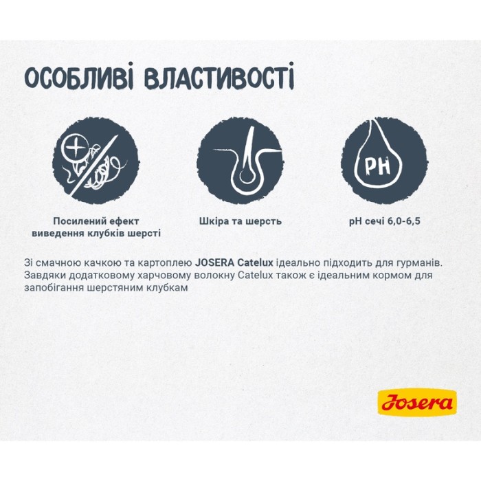 Josera Catelux — сухий корм для дорослих котів для виведення шерсті (качка, птиця) 10 кг