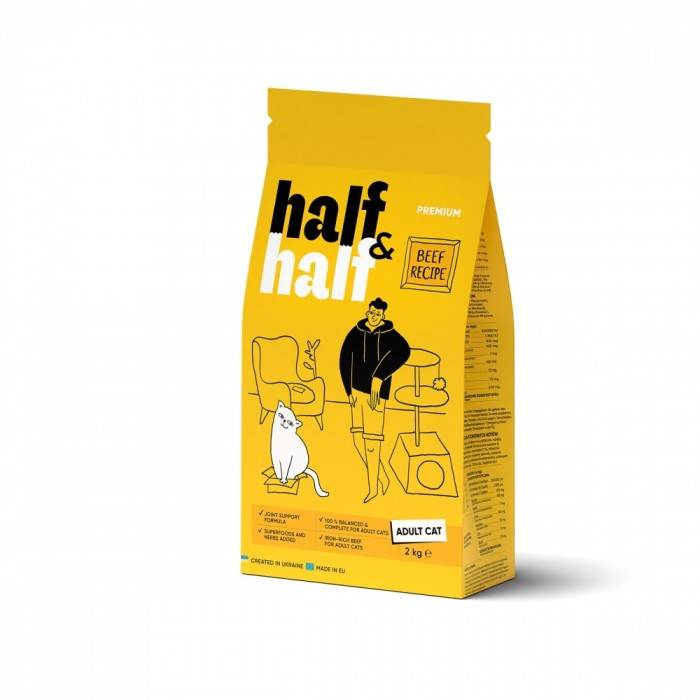 Корм сухой HalfHalf для взрослых кошек с говядиной 2 кг