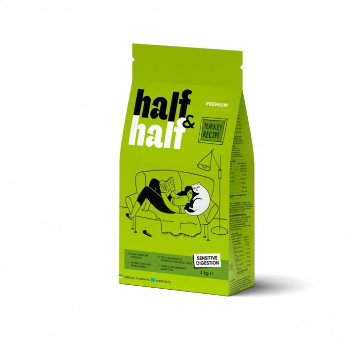 Корм сухой HalfHalf для кошек с чувствительным пищеварением с индейкой 2 кг