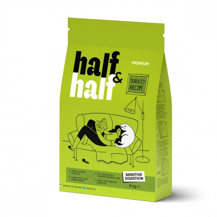 Корм сухий HalfHalf для котів із чутливим травленям з індичкою 8 кг