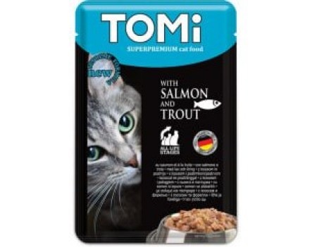 TOMi salmon trout ЛОСОСЬ ФОРЕЛЬ консервы для кошек, влажный корм, пауч , 0.1 кг.