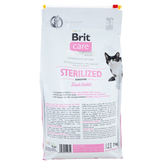 Сухой корм для стерилизованных кошек с чувствительным пищеварением Brit Care Cat GF Sterilized Sensitive с кроликом, 7 кг