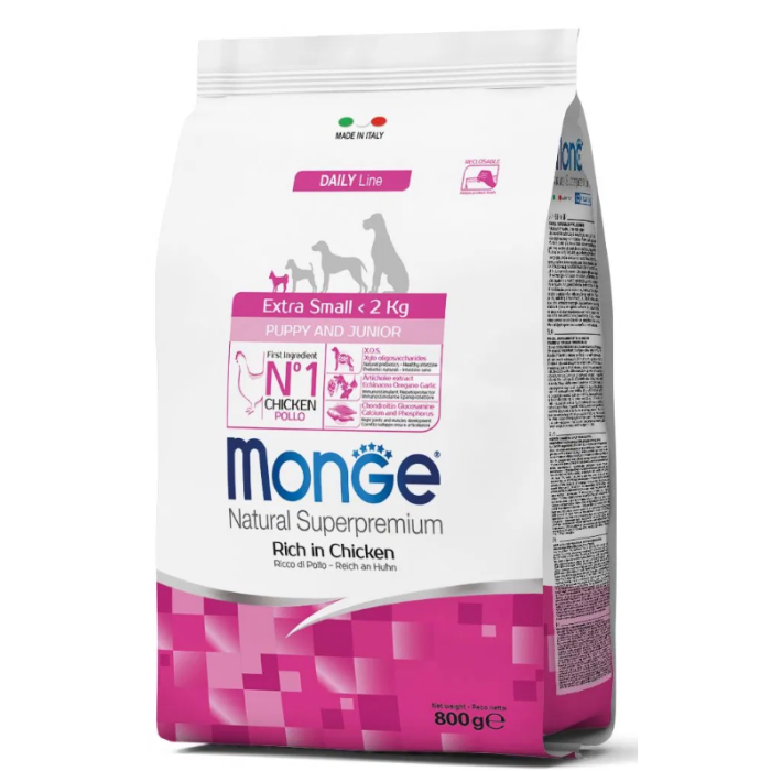 MONGE SUPERPREMIUM DOG EXTRA SMALL PUPPY & JUNIOR повноцінний збалансований раціон для цуценят мініатюрних порід, 0.8 кг