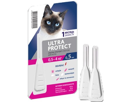 ULTRA PROTECT Краплі на холку від бліх і кліщів для кішок вагою до 4 кг, 0.5 мл