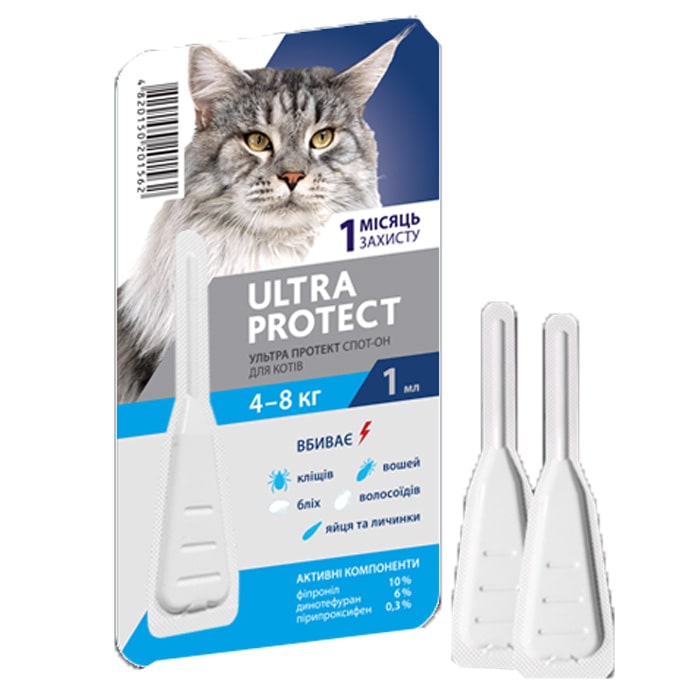 ULTRA PROTECT КАПЛИ НА ХОЛКУ  ОТ БЛОХ И КЛЕЩЕЙ ДЛЯ КОШЕК ВЕСОМ 4-8 КГ   1 мл