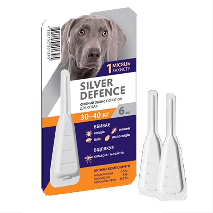 SILVER DEFENCE капли на холку от блох, клещей и комаров для собак весом 30-40 КГ  6 мл 1 пипетка