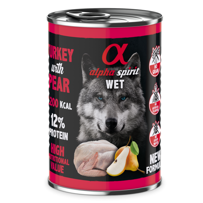Повнораціонний вологий корм Alpha Spirit Turkey with Pear, для дорослих собак, індичка і груша, 400 г