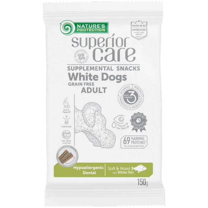 Беззернові ласощі Nature's Protection Superior Care White Dogs  Dental Care, для ротової порожнини собак світлих забарвлень, біла риба, 150 г