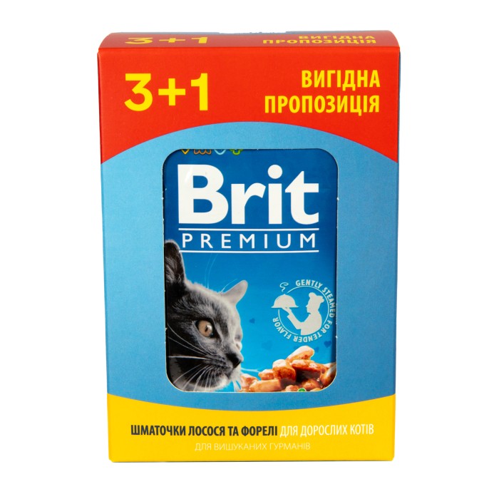Набор паучей "3+1" для кошек Brit Premium Cat pouch с лососем и форелью, 4 х 100г
