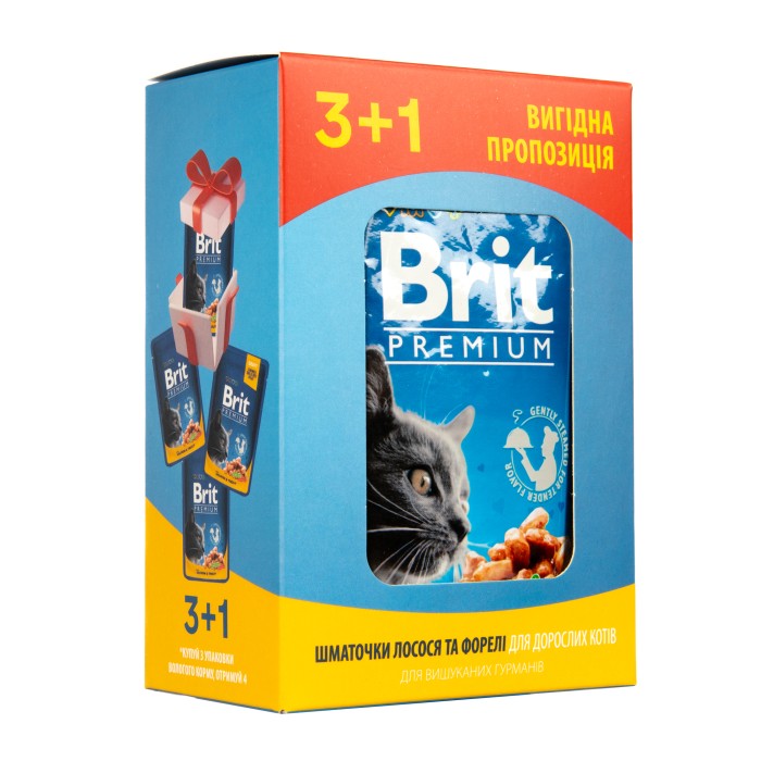 Набор паучей "3+1" для кошек Brit Premium Cat pouch с лососем и форелью, 4 х 100г