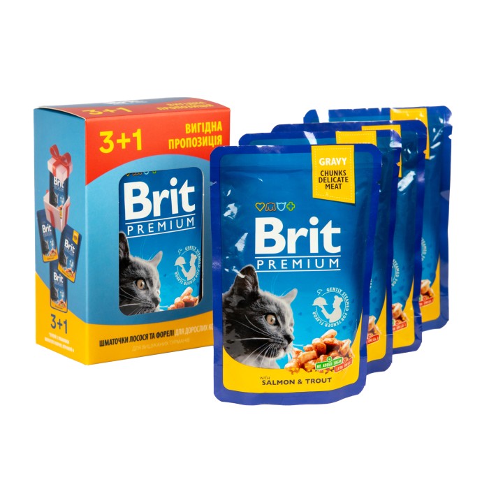 Набор паучей "3+1" для кошек Brit Premium Cat pouch с лососем и форелью, 4 х 100г