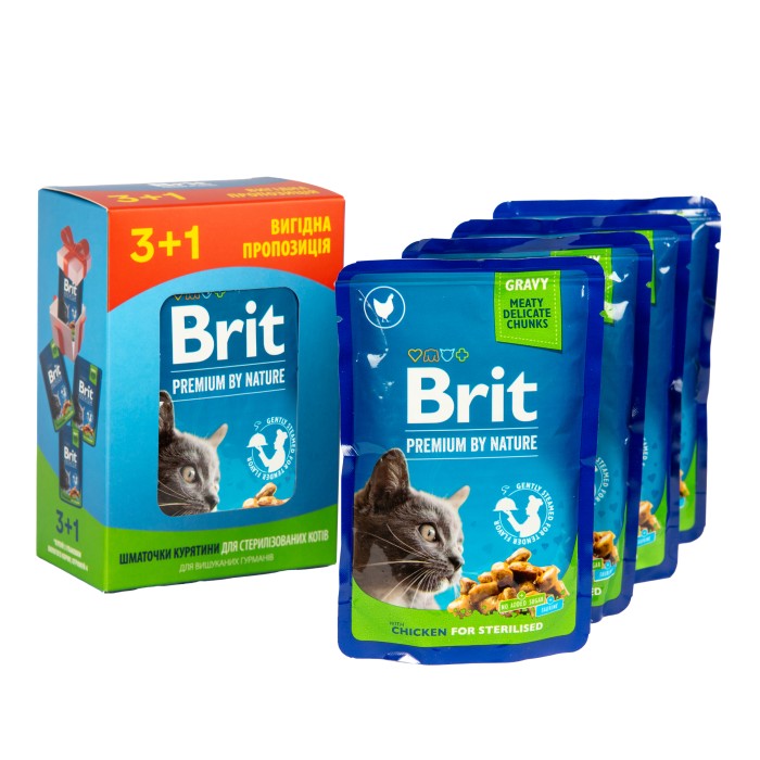 Набор паучей "3+1" для стерилизованных кошек Brit Premium Cat pouch Chicken Slices for Sterilised с курицей, 4х100г