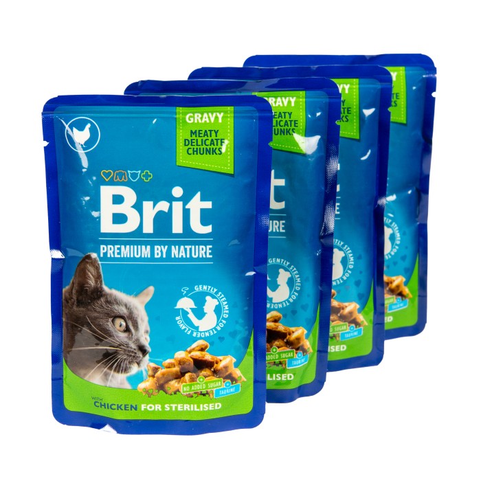 Набор паучей "3+1" для стерилизованных кошек Brit Premium Cat pouch Chicken Slices for Sterilised с курицей, 4х100г