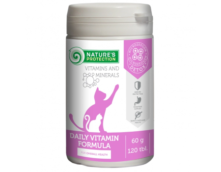 Nature's Protection Daily Vitamins Formula, добавка для взрослых кошек для поддержания иммунитета и пищеварительной системы, 120 тбл, 60 г