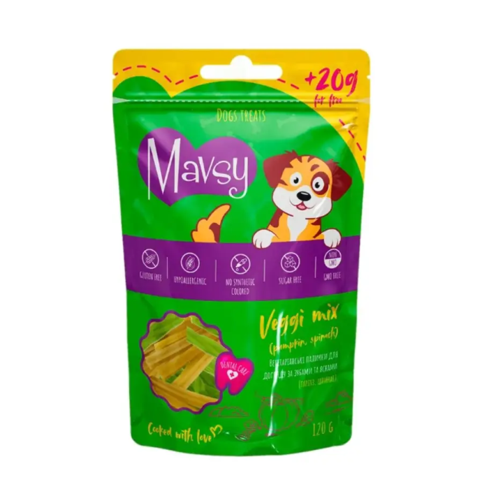 Лакомство для собак Mavsy Dental Care Veggi Stick Mix, вегетарианские палочки для ухода за зубами и деснами, тыква, шпинат, 120 г