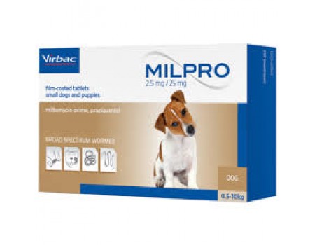 Мілпро Milpro Мілпро 2,5мг/25мг тб для собак та цуценят від 0,5кг до 5 кг, №4 мільбеміцин, Вірбак, 1 табл