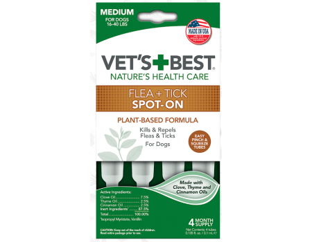 VET`S BEST Flea + Tick Spot On Tubes Medium Краплі від бліх та кліщів Для собак середніх порід від 7 до 18 кг